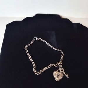Heart Lock With Heart Key Charm Bracelet Silver Tone Pave Crystals 7" Adjustable